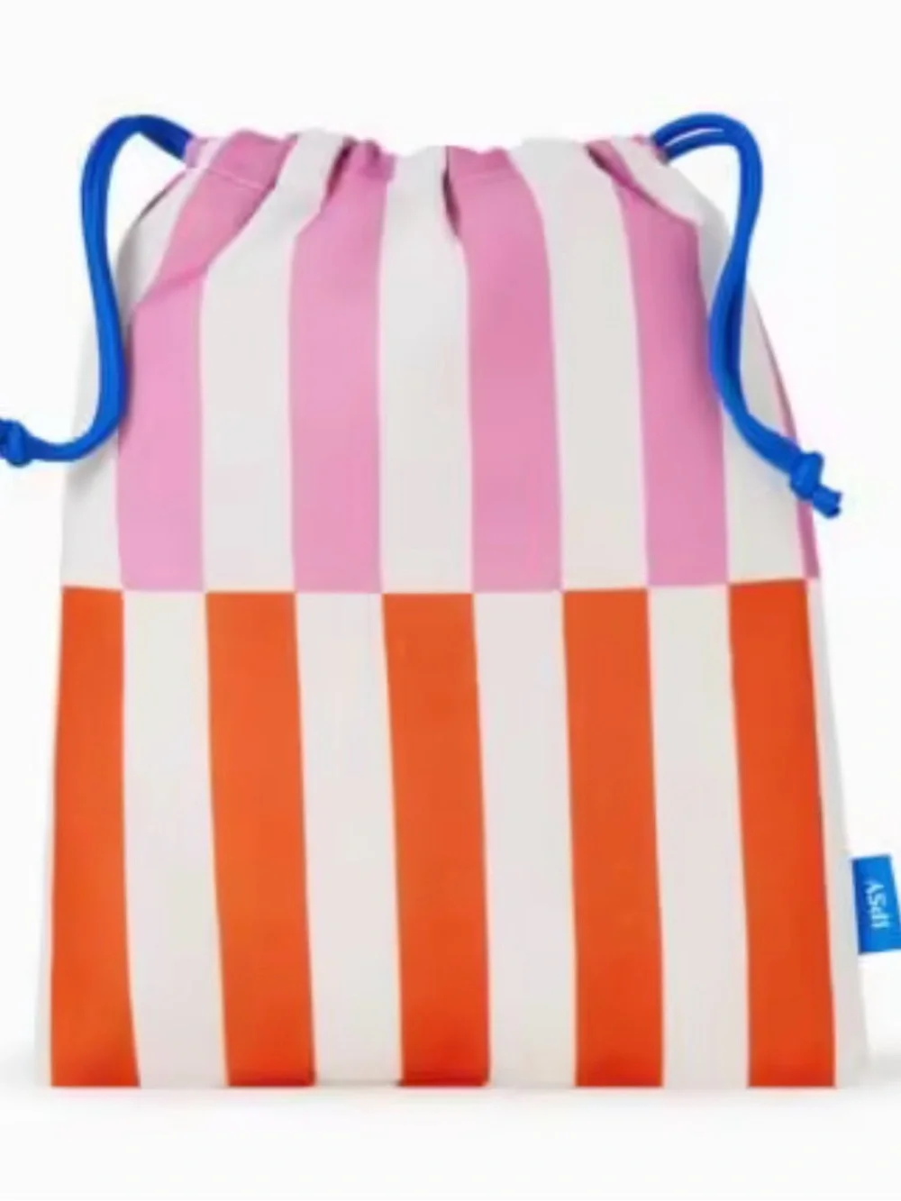 ipsy Striped Drawstring Cosmetic Bag in Pink, Orange, White with Blue Cord